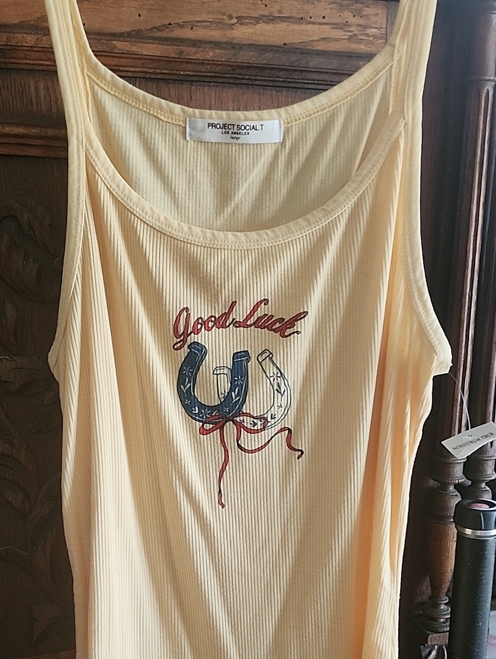 Project Social T Pale Yellow Ribbed Tank with Horseshoe 'Good Luck' Graphic
